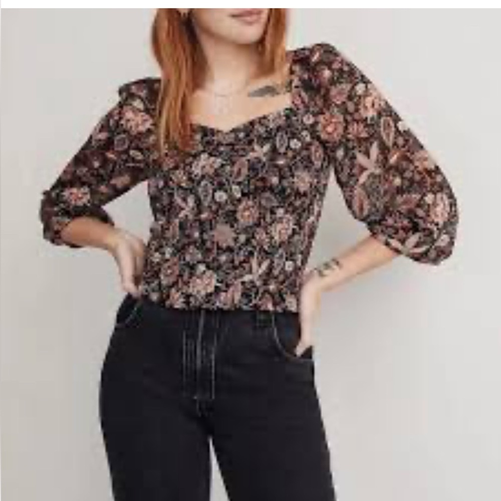 Madewell Lucie Smocked Cropped Top Blouse in Floral Size S